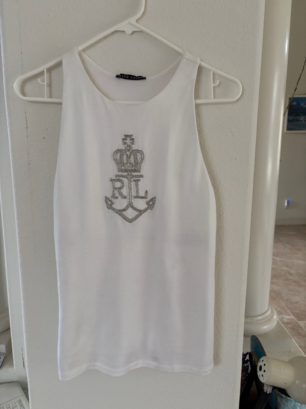 Ralph Lauren White Sleeveless Tank with Silver Embellished Crest